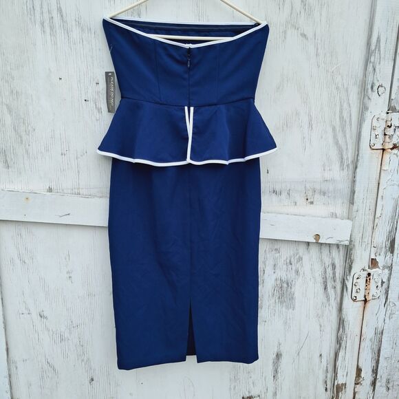 Eva Mendes NY & Company Strapless Navy Peplum Ruffled Midi Coctail Dress 6 Nwt - Picture 3 of 8
